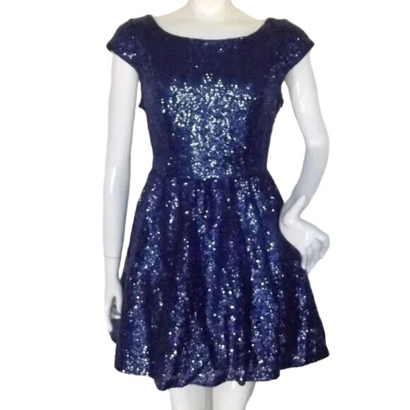 B.DARLIN Sequin Skater Dress, 11/12, Blue, Mini/Short, Cap Sleeves, Open back - Picture 1 of 13